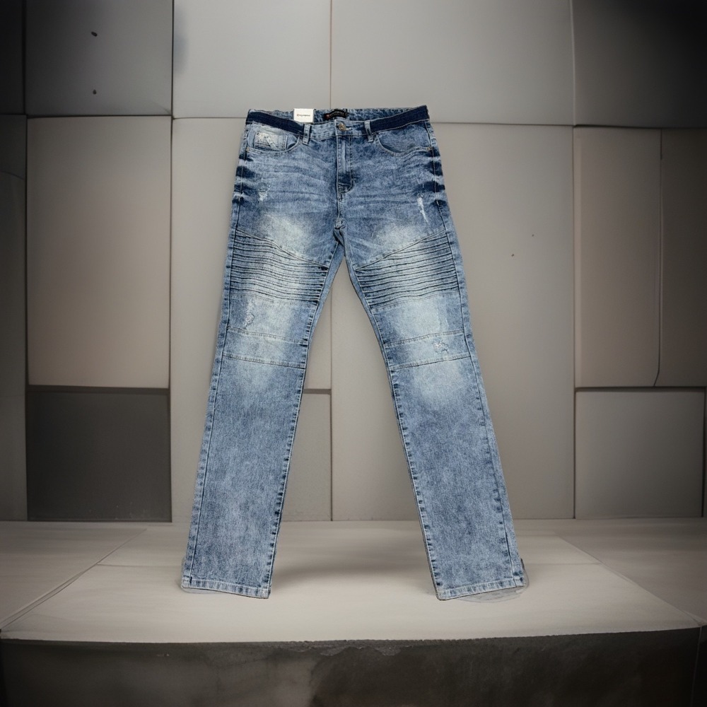 NWT Southpole Men's 34x32 Skinny Moto Biker Jeans Light Blue Ribbed Knee